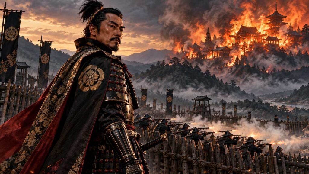 Samurai silhouette with an Oda crest banner watching Mount Hiei burn as arquebusiers fire from behind a palisade under a red sun.