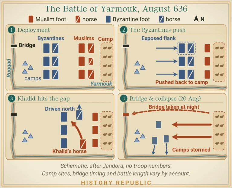 Four-panel diagram of the Battle of Yarmouk, August 636: the Muslim army with cavalry behind both infantry wings, Byzantine attacks pushing the Muslims back to their camel-barricaded camp, Khalid’s cavalry driving the Byzantine cavalry north, and the seizure of the Ruqqad bridge before the Byzantine camps were stormed.