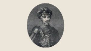 Engraved oval portrait of Edward the Black Prince wearing a crown and chain-mail armour.