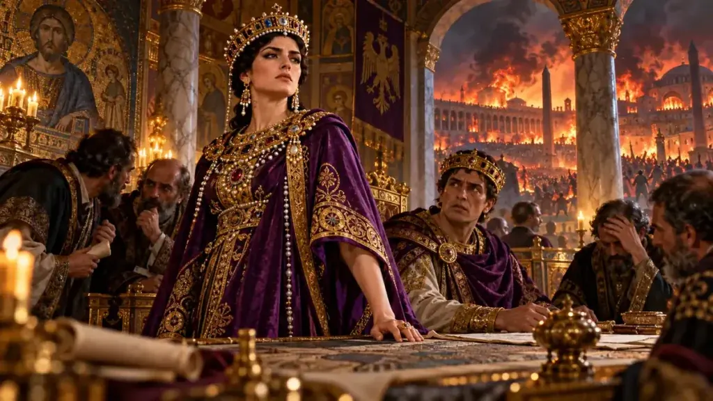 Empress Theodora in purple imperial robes standing at Justinian’s council table as Constantinople burns beyond the palace arches