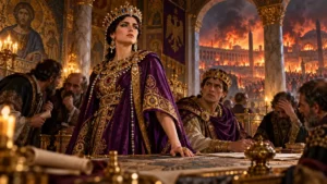 Empress Theodora in purple imperial robes standing at Justinian’s council table as Constantinople burns beyond the palace arches