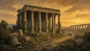 Overgrown ruins of a Roman temple portico at dusk, with a broken aqueduct on the horizon and three cloaked travellers walking away down a cracked Roman road.