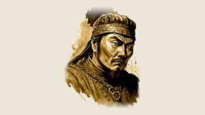 Sepia ink portrait of Genghis Khan with a stern expression, wearing a fur-trimmed cap and armour.