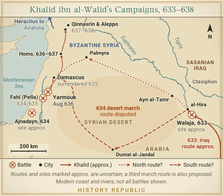 Map of Khalid ibn al-Walid’s campaigns, 633–638: the Iraq campaign to Walaja and al-Hira, two proposed routes of the 634 desert march to Damascus, the Syrian battles at Ajnadayn, Fahl and Yarmouk, the surrender of Damascus, then Homs, Qinnasrin and Aleppo.