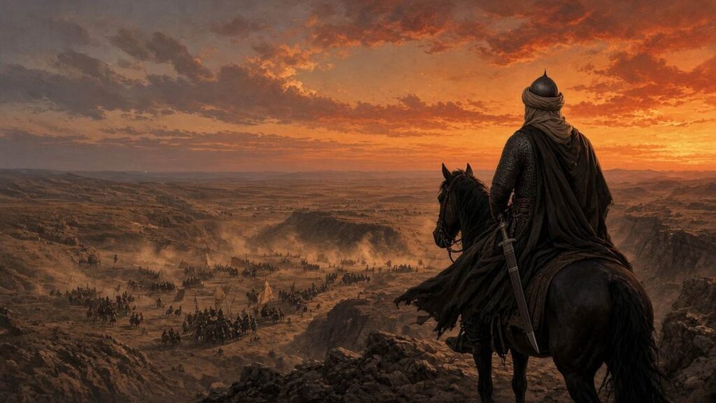 Khalid ibn al-Walid, seen from behind on horseback, overlooking a 7th-century battlefield in the Levant at dusk