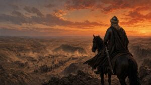 Khalid ibn al-Walid, seen from behind on horseback, overlooking a 7th-century battlefield in the Levant at dusk