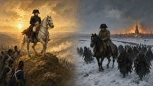 Napoleon on horseback at sunrise over Austerlitz on one side and leading a frozen retreat from burning Moscow on the other