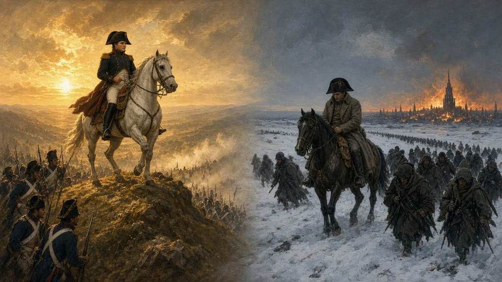 Napoleon on horseback at sunrise over Austerlitz on one side and leading a frozen retreat from burning Moscow on the other