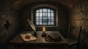 A candlelit stone cell in the Peter and Paul Fortress, where a sealed decree and quill lie beside a prayer book and prayer beads, and an empty chair is pushed back from the table. Through the barred window, a sailing warship waits on the misty Neva.